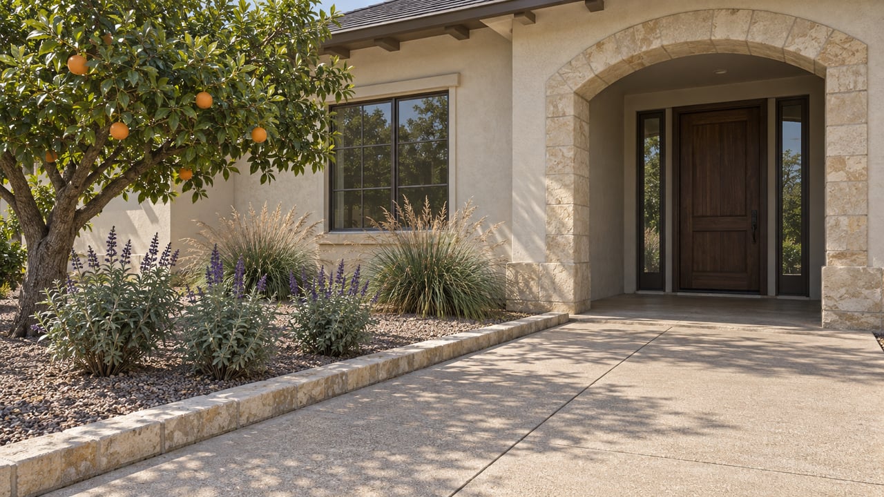 Sunlit citrus garden beside a buff limestone arched entry, shaded wood door and broad concrete approach.