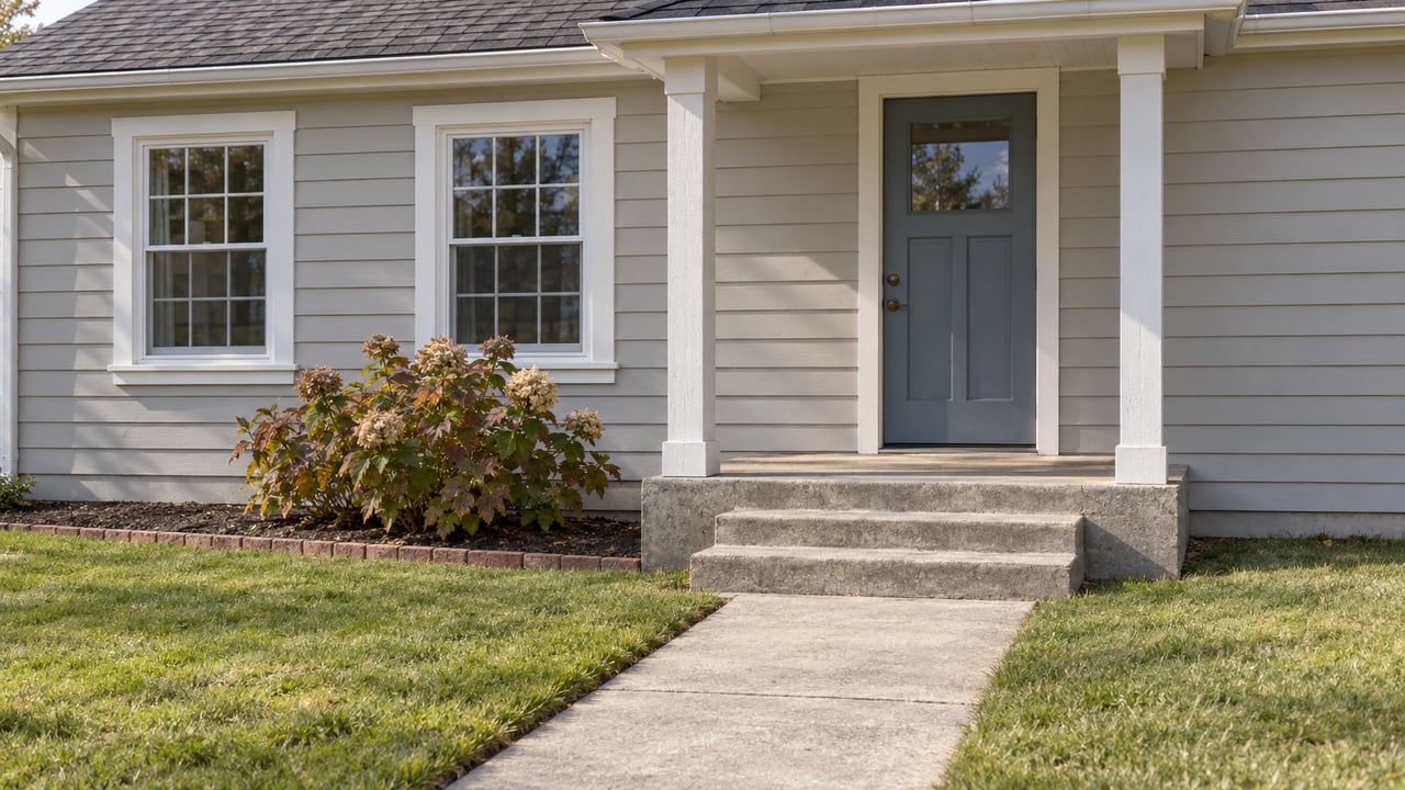 A modest gray cottage with white sash-window trim, a blue-gray front door, concrete porch steps, and an established lawn beside an oakleaf hydrangea.