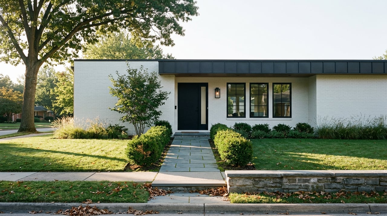 White-brick house with black-framed windows, a bluestone walkway, clipped boxwoods, and a broad oak tree.