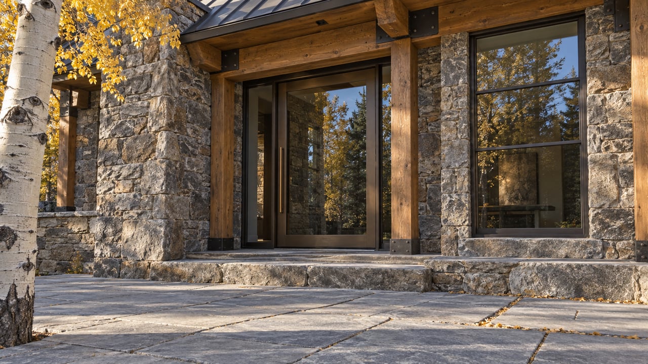 Stone-and-timber home entrance with dark glass doors, broad steps, and golden aspen leaves.