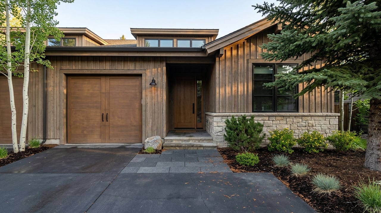 Mountain-resort townhome facade beside a driveway, with landscaped curb appeal.