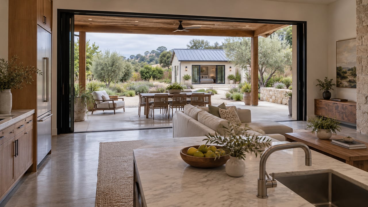 A layered view through a San Luis Obispo County home reveals how the kitchen, living area, patio, and detached rear space connect.