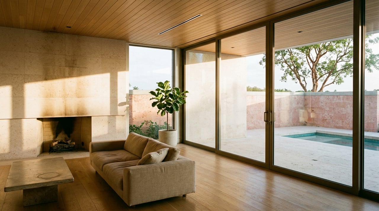 Great room with a stone fireplace, oak floors, and a glass wall overlooking a terrace, pool, and garden.