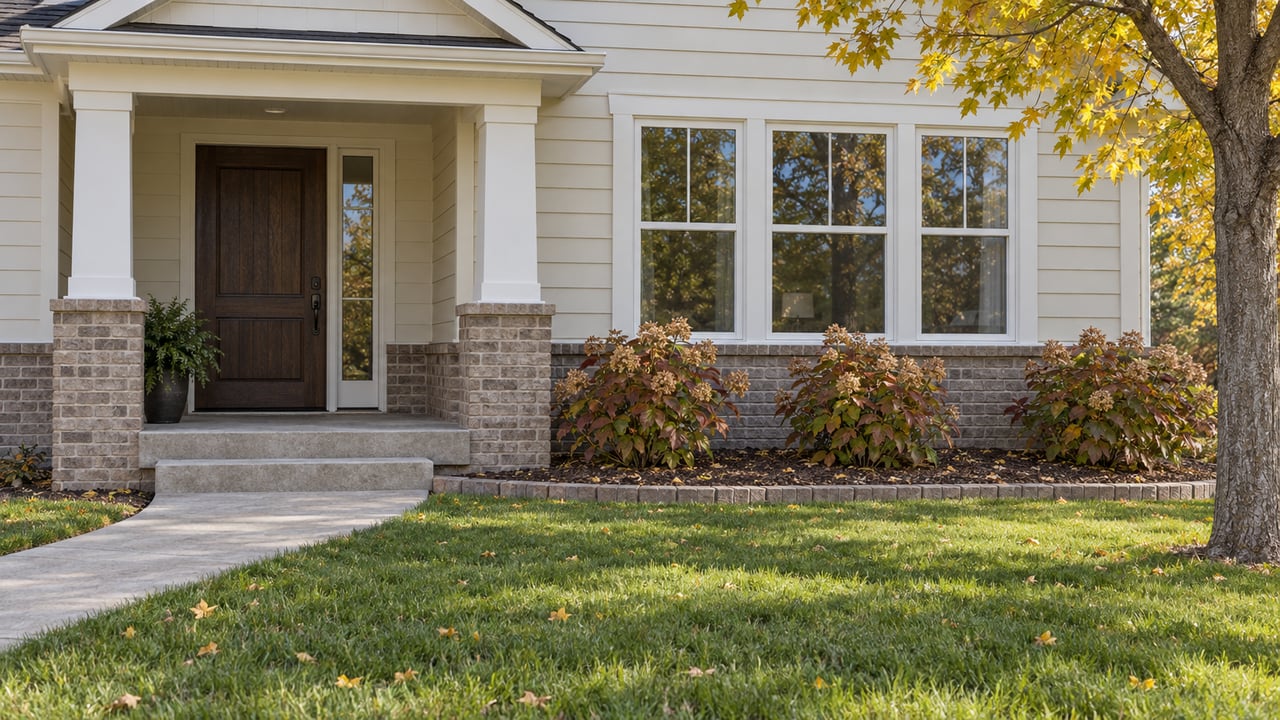 Ivory-sided home with a gray brick porch, dark wood entry door, white-framed windows and autumn oakleaf hydrangeas beside a concrete walk.