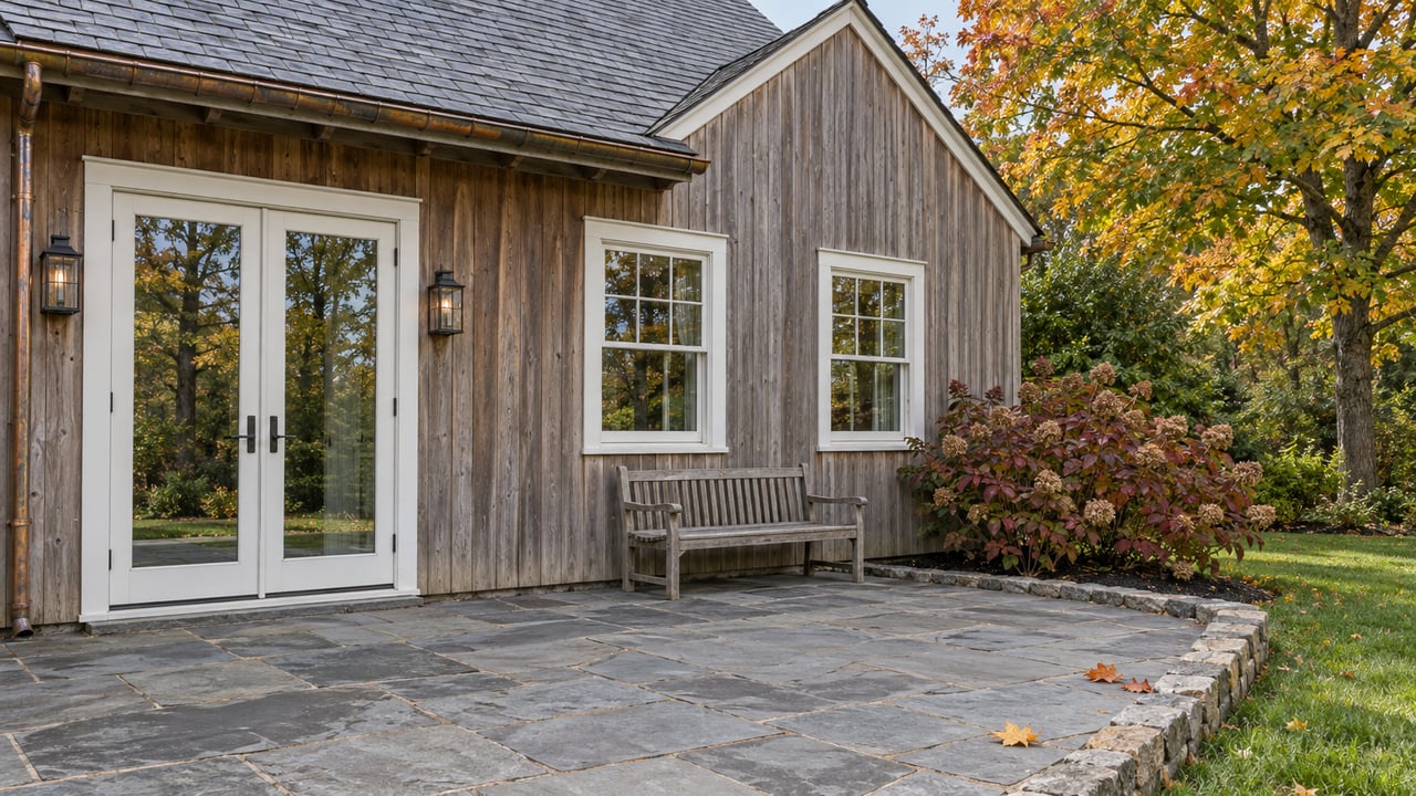 Weathered cedar gabled home with white-trimmed windows and glazed double doors beside a flagstone terrace, teak bench and autumn maple.