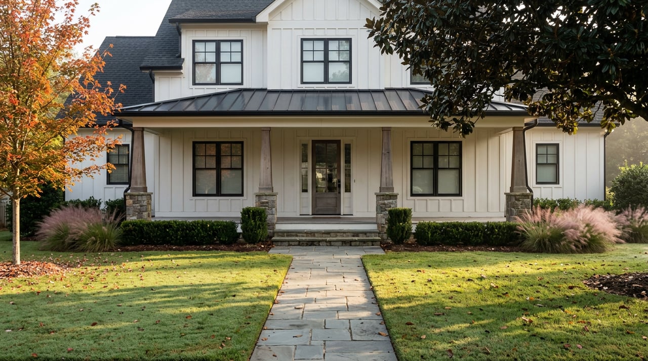 White two-story farmhouse with a covered porch, bluestone walkway, pink muhly grass, and early autumn leaves.