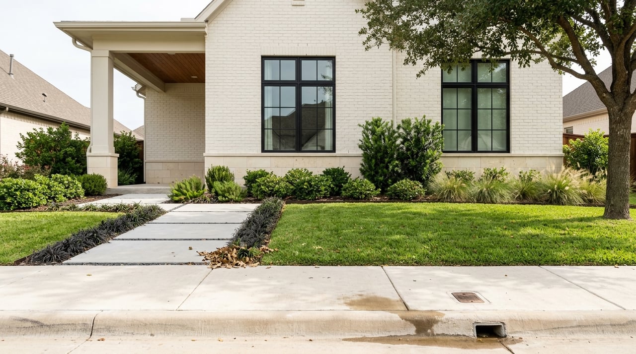 Manicured planting borders the sidewalk leading to a contemporary home’s facade.