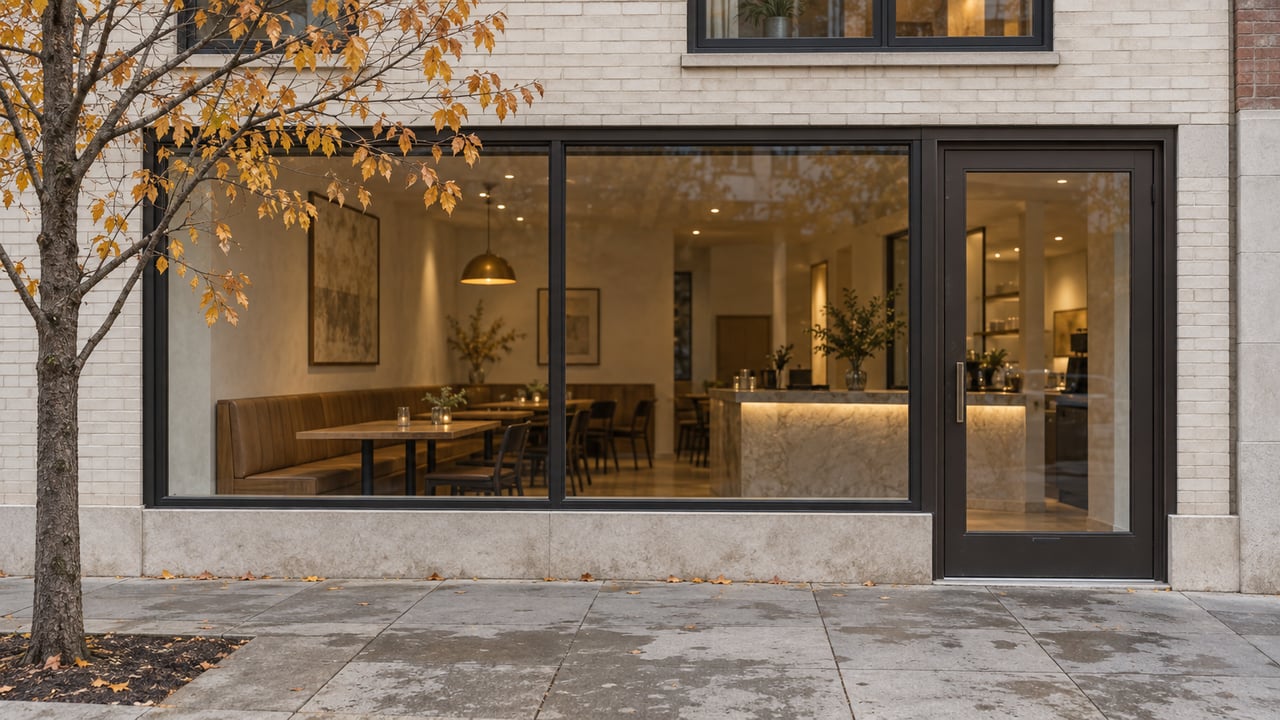 Bronze-framed storefront with an oak banquette and amber pendant behind glass, beside a tree with sparse autumn leaves.
