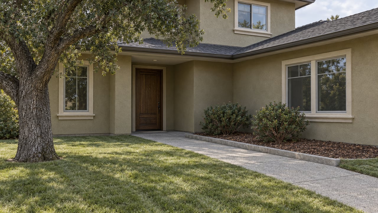 Olive-tan stucco home with charcoal shingles, a recessed oak door, and a concrete approach across a lawn beneath a mature blue oak.