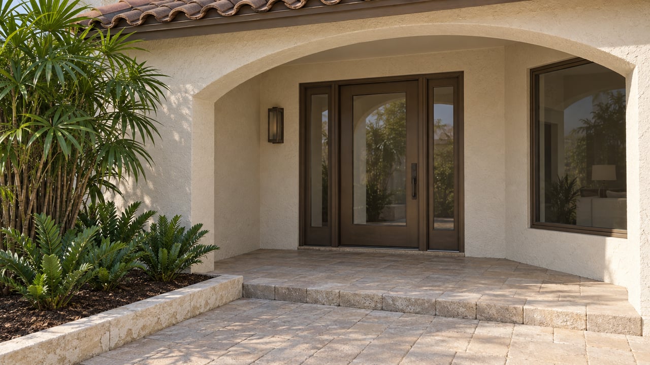 Sunlit ivory stucco porch with a tan tile roof, bronze glazed entry, sandy pavers and a planted limestone-bordered bed.