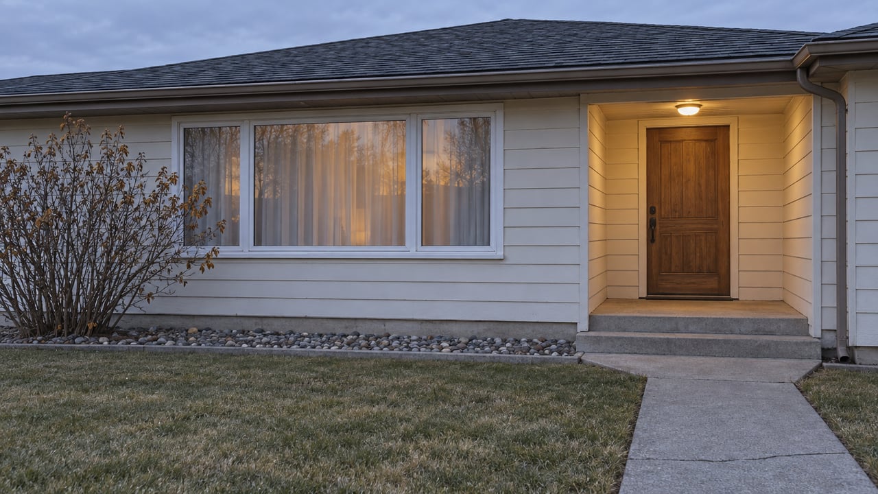 A modest single-story home at dusk with ivory wood siding, a softly illuminated recessed entry, and a concrete walkway across an autumn lawn.
