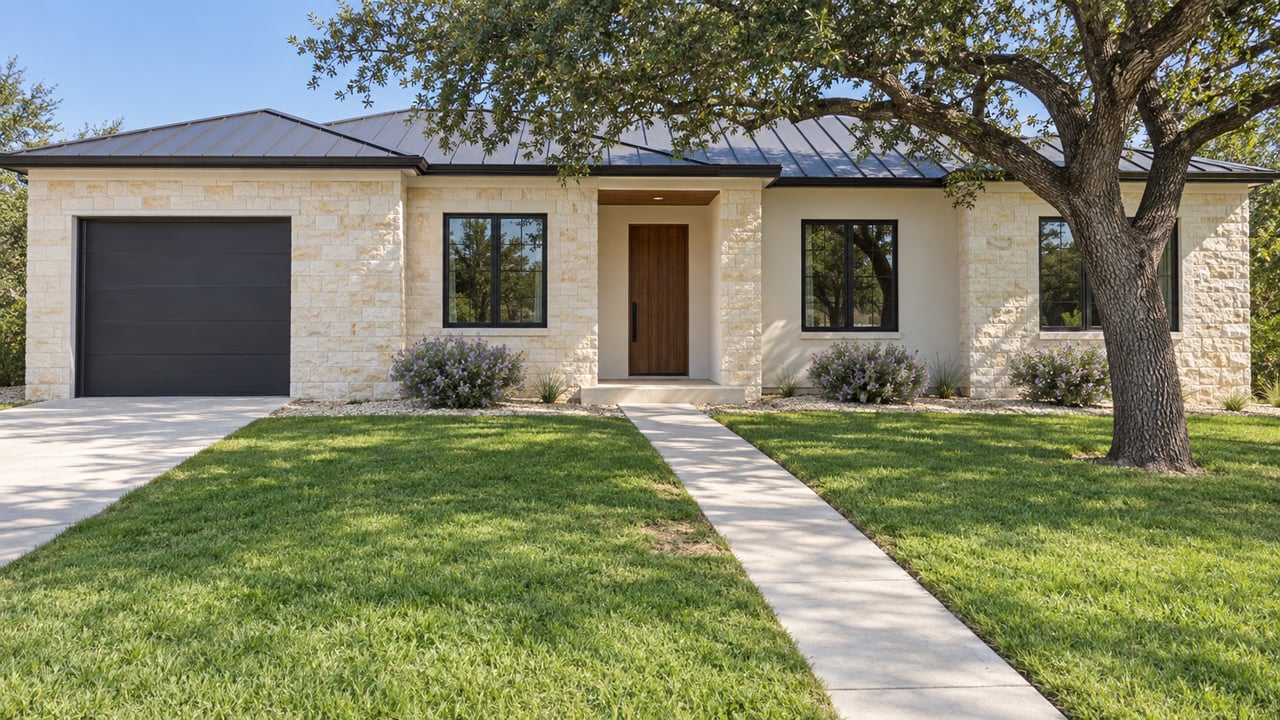 Pale limestone-and-stucco house set behind a broad lawn, with a curving walk and spreading oak tree.