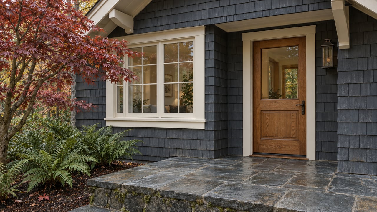 Sheltered oak-and-glass entry with charcoal-blue shingles, ivory window trim, slate paving and burgundy Japanese maple foliage.