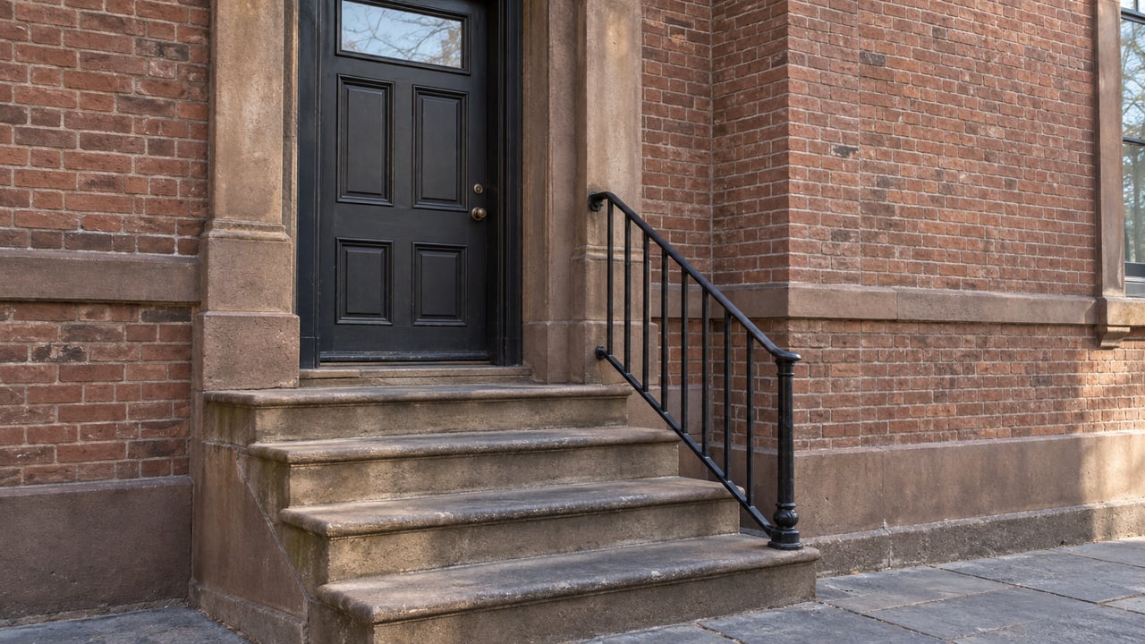 Historic townhouse entrance with a dark paneled door above four worn sandstone steps and a black iron handrail.