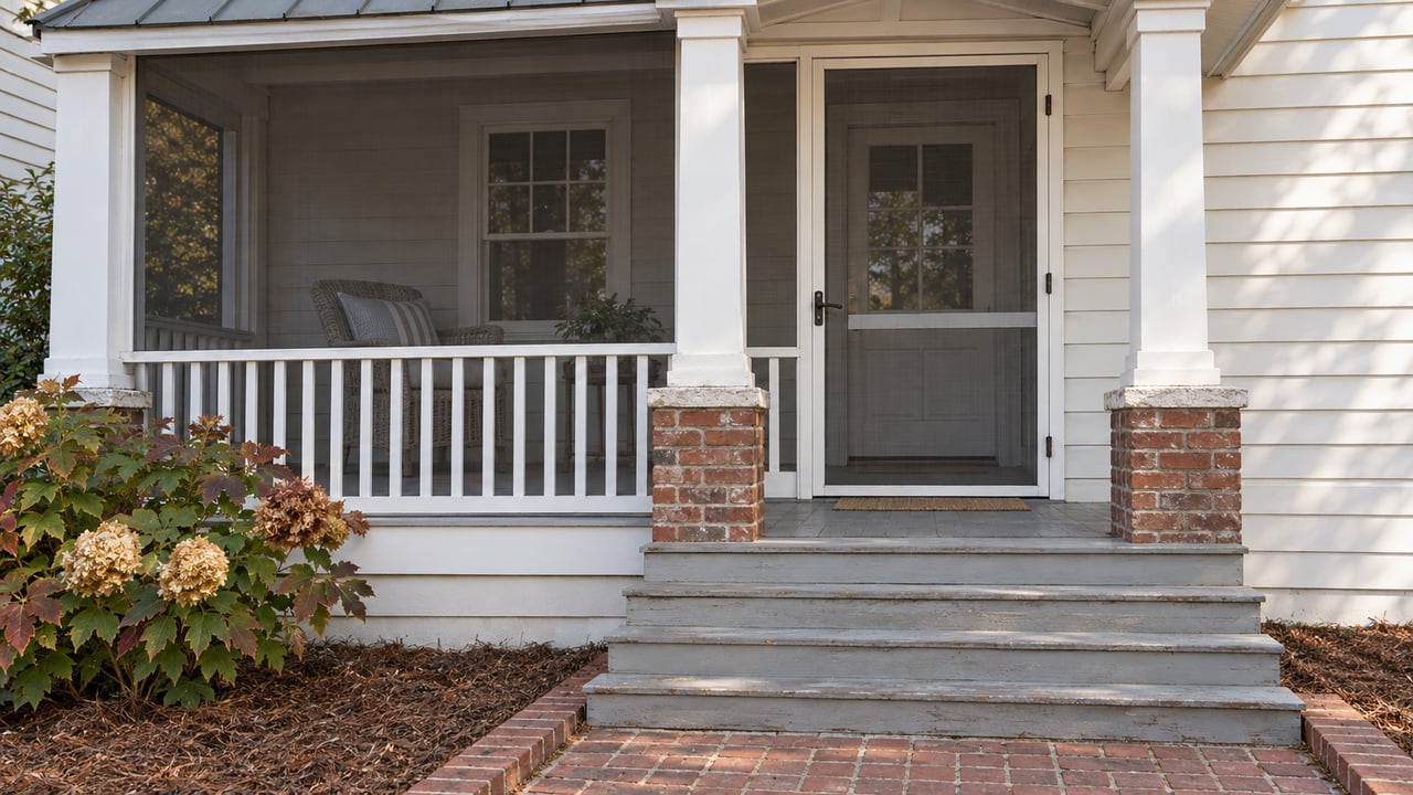 White timber home with a raised screened porch, worn gray steps, a brick landing and an oakleaf hydrangea beginning to show fall color.
