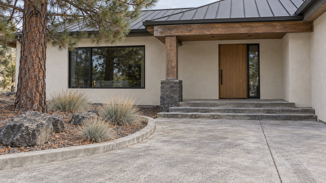 Cream stucco and timber home entrance beside a mature pine, with broad concrete steps and a gravel planting island.