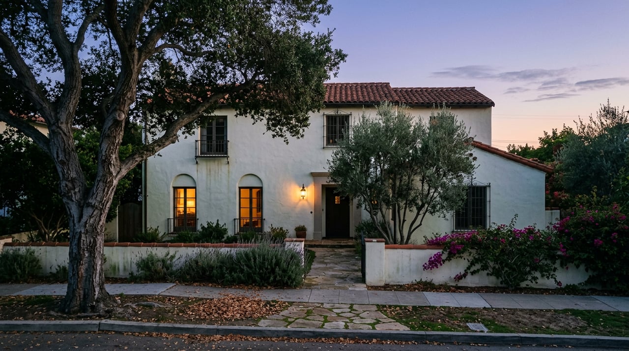 Spanish Colonial Revival home at dusk, glowing windows, arched entry, oak canopy, and magenta bougainvillea.