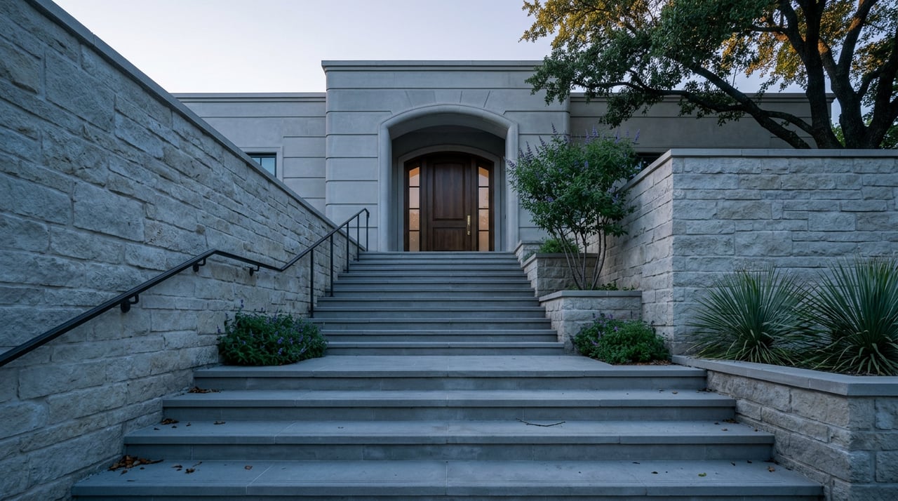 Limestone steps climb to an arched entry with a walnut-stained door, framed by stone walls and live oak leaves.