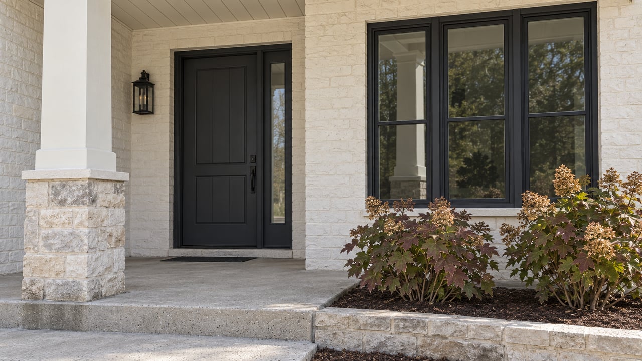 Close view of a light masonry home's covered entry, limestone porch column, black-framed windows, and autumn oakleaf hydrangeas.