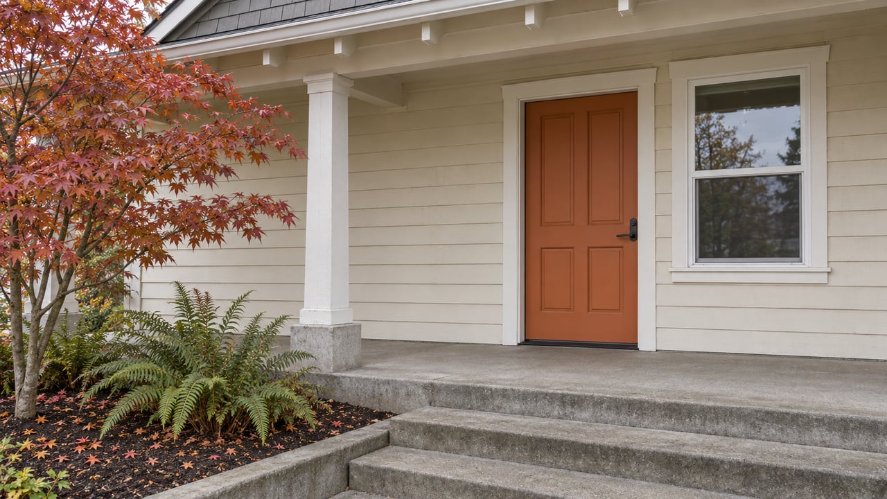 Cream-sided home's covered porch with an orange door, weathered concrete steps, a copper-leaved vine maple and sword ferns.