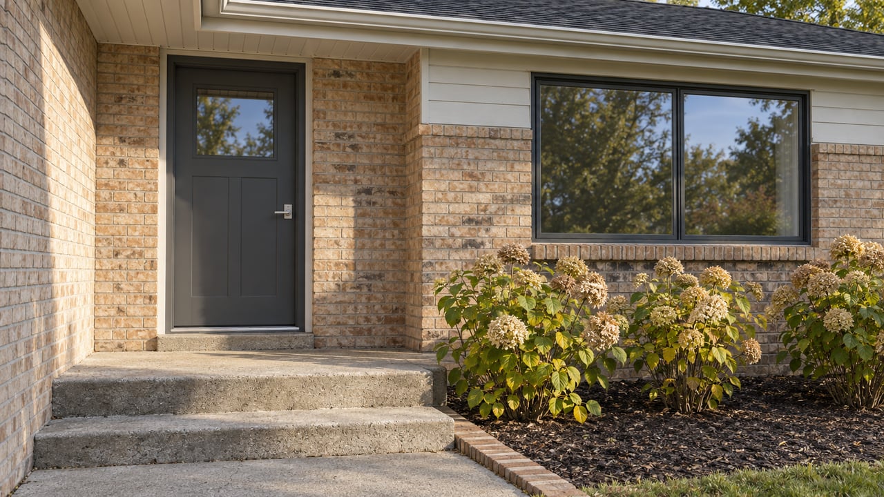 Close view of a brick home entry with a graphite door, broad window, worn concrete steps and autumn hydrangeas.