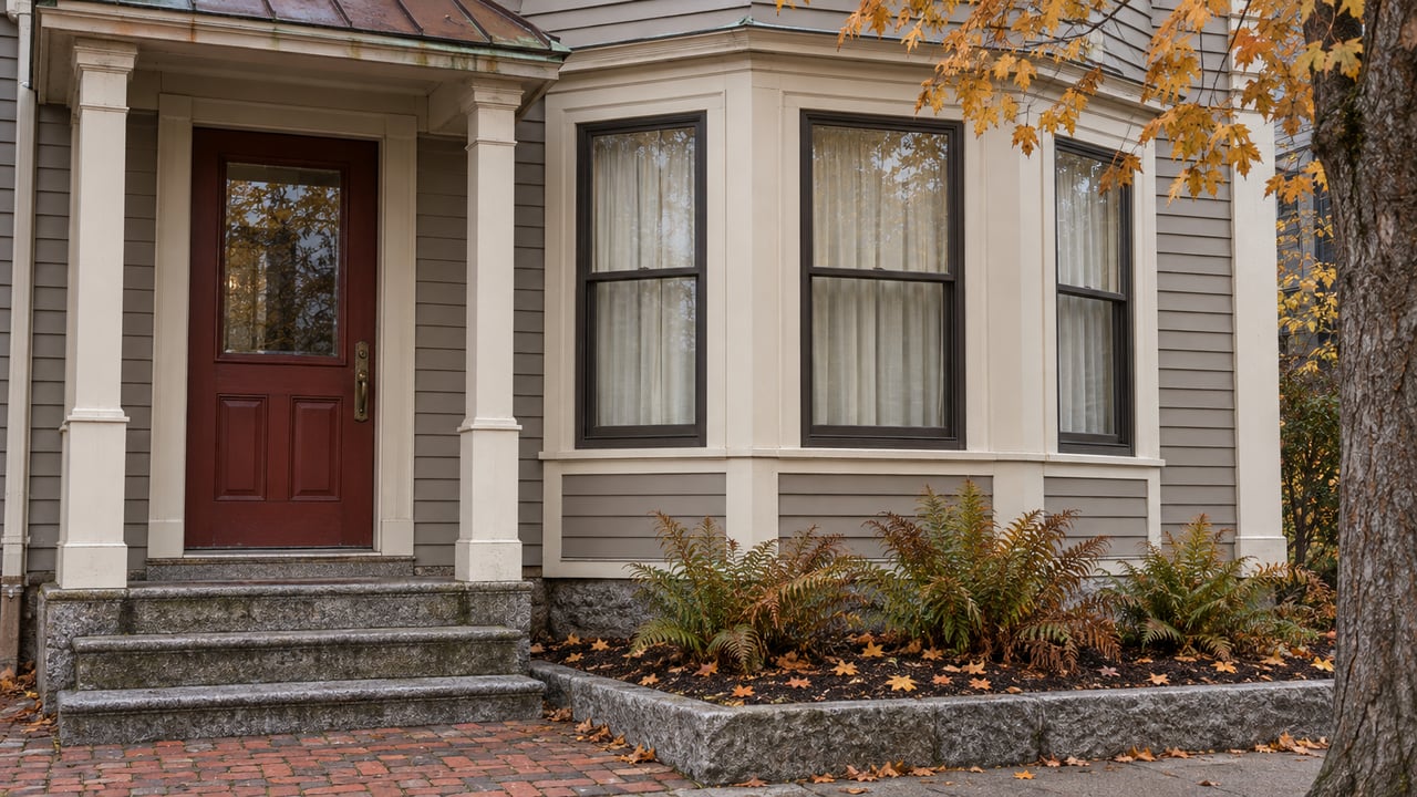 Gray clapboard home with a red glazed entry door, three-sided bay window, weathered granite steps and sparse autumn maple leaves.