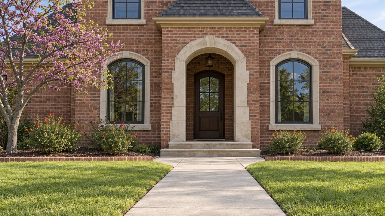 Red-brick home with a cream limestone arched entry, paired arched windows, a concrete front approach and a small flowering redbud.