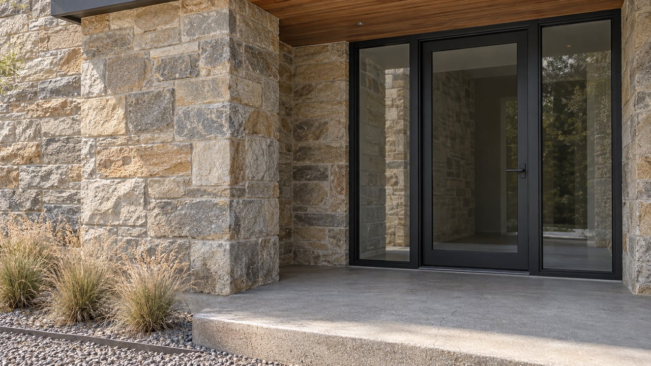 Sunlit sandstone entry pier beside a closed black-framed glass door with paired sidelights, beneath a wood-lined roof.