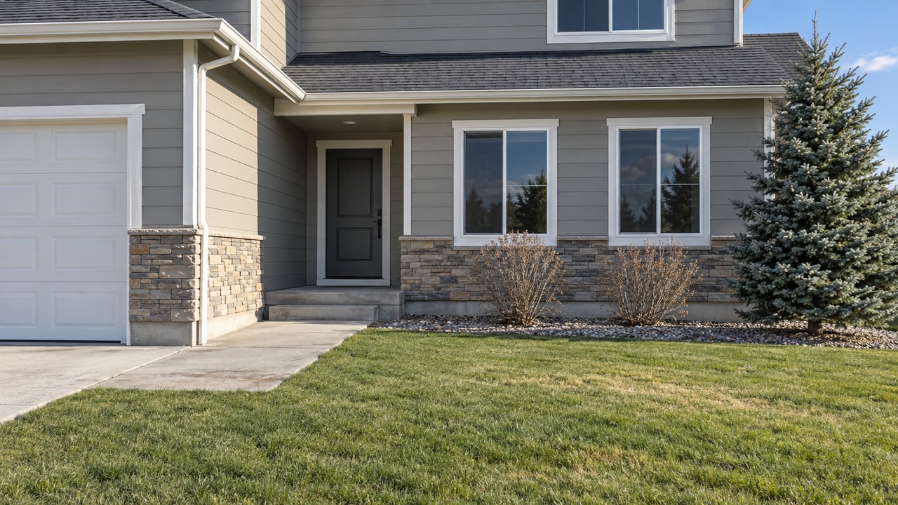 Two-story greige house with stone veneer, a recessed entry, and a spruce beside the front walk.