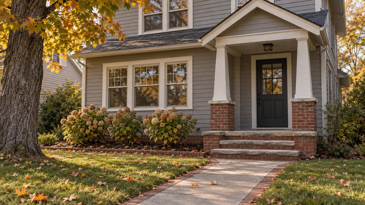 Gray clapboard cottage with a brick-and-stone entrance, white portico posts and an autumn maple beside a small lawn.