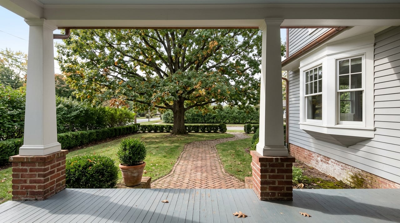 White porch columns frame a herringbone brick walkway leading past a lawn to a broad oak and clipped hedges.