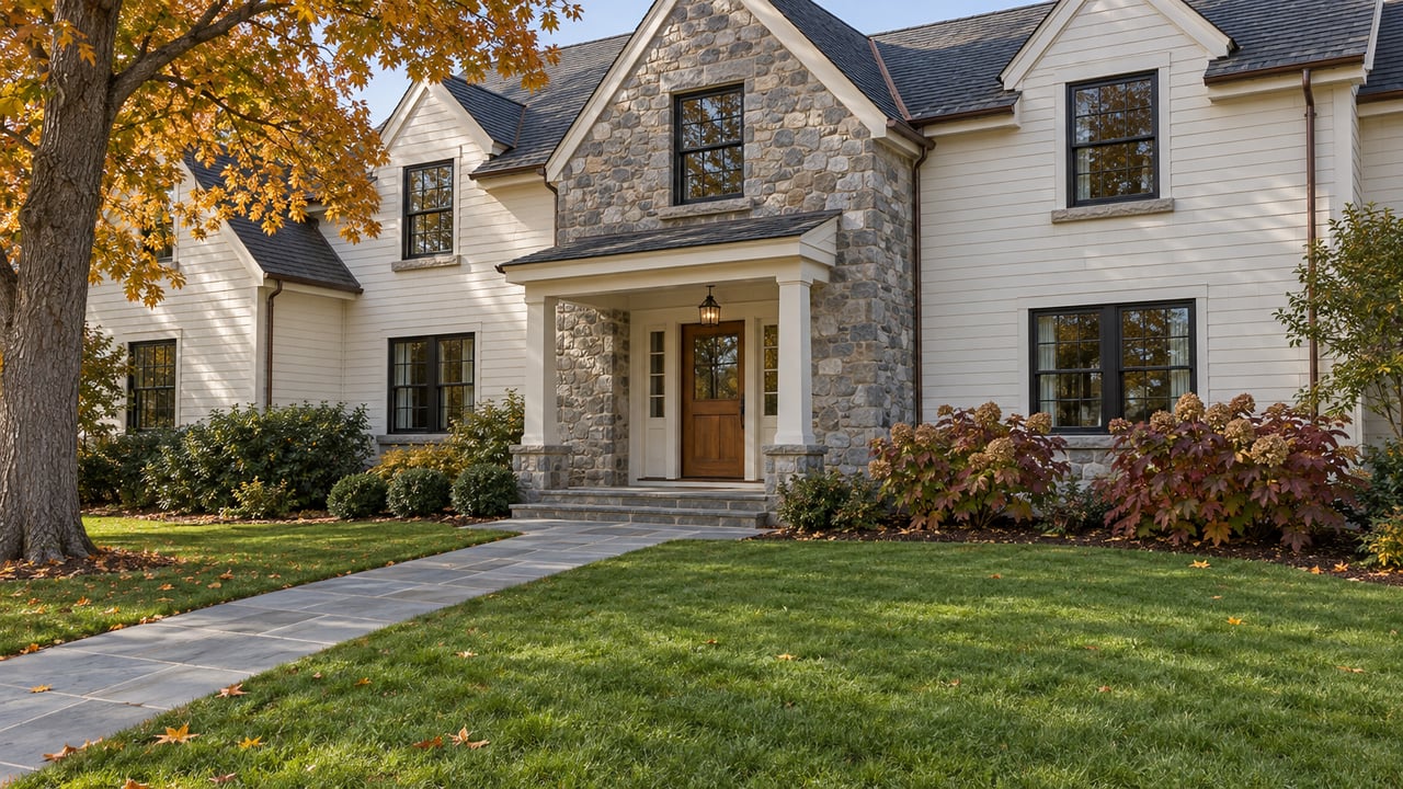 Substantial light-clapboard and fieldstone home behind a deep autumn lawn, with a bluestone walk and amber maple canopy.