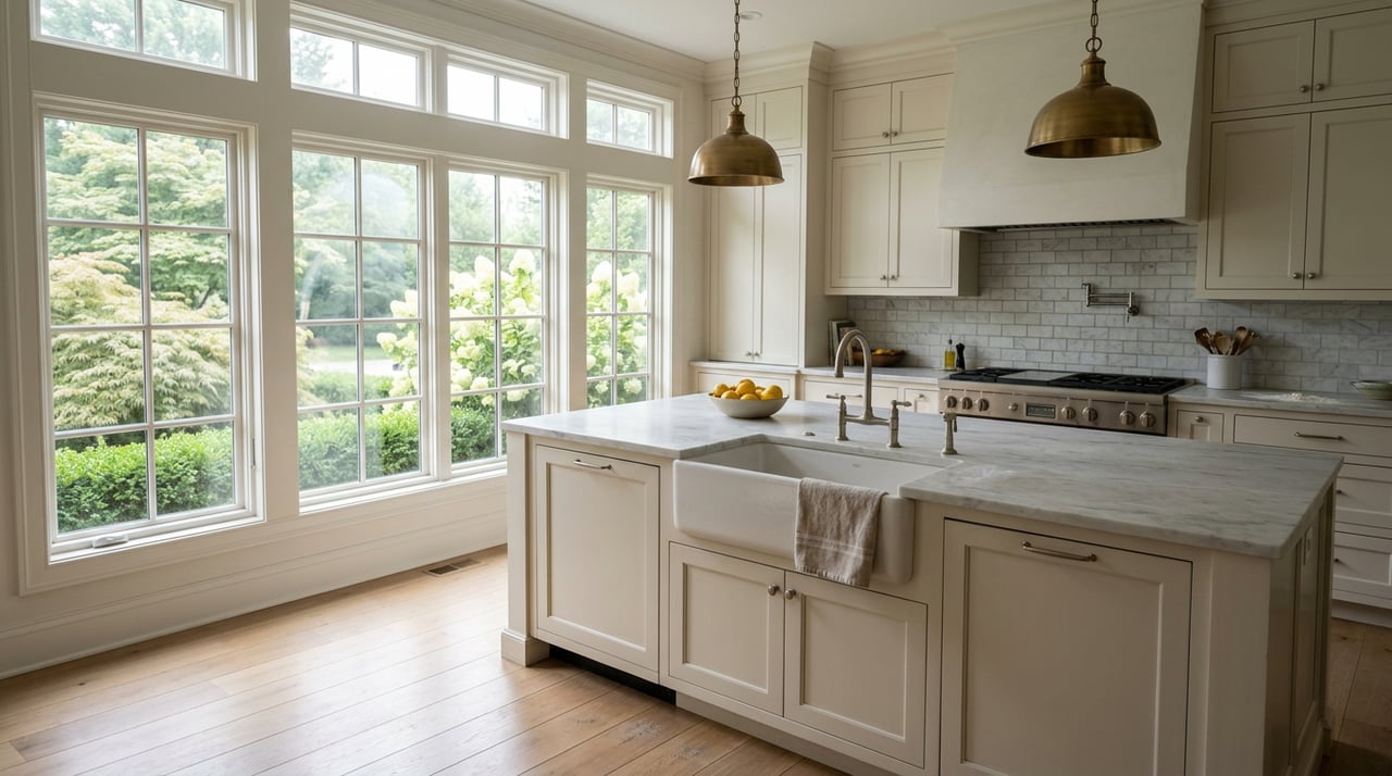 Kitchen island with a veined marble countertop, apron-front sink, lemon bowl, and off-white cabinets.