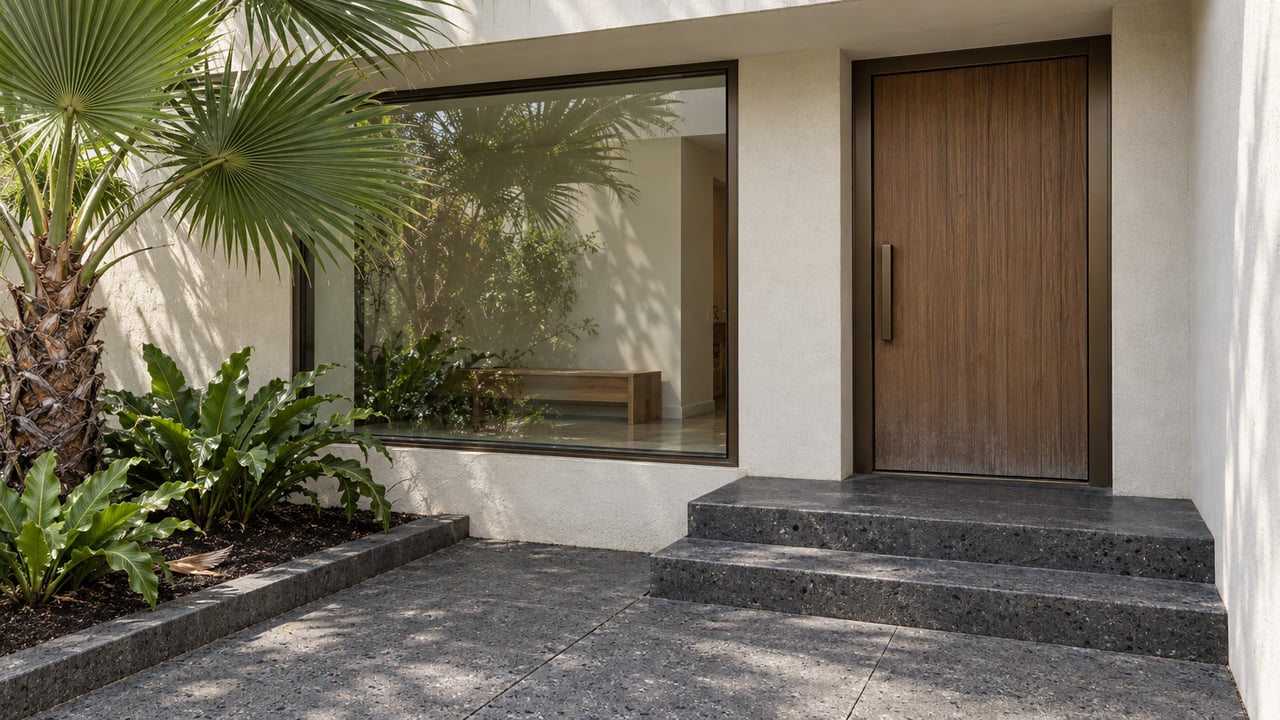 A compact home entrance with a timber door, bronze-framed window, dark stone steps and a fan palm in a raised planting bed.