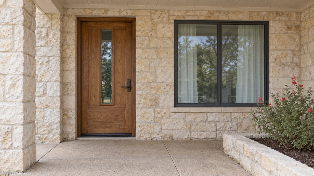 A sheltered limestone home entry with an oak door, charcoal-framed window and red-flowering sage in a raised stone bed.