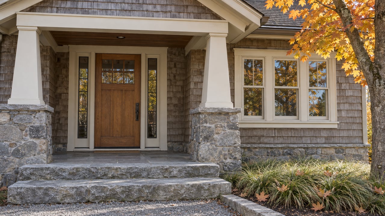 Autumn sunlight on a shingled home's sheltered oak entry, paired porch columns and broad limestone steps beside a sugar maple.