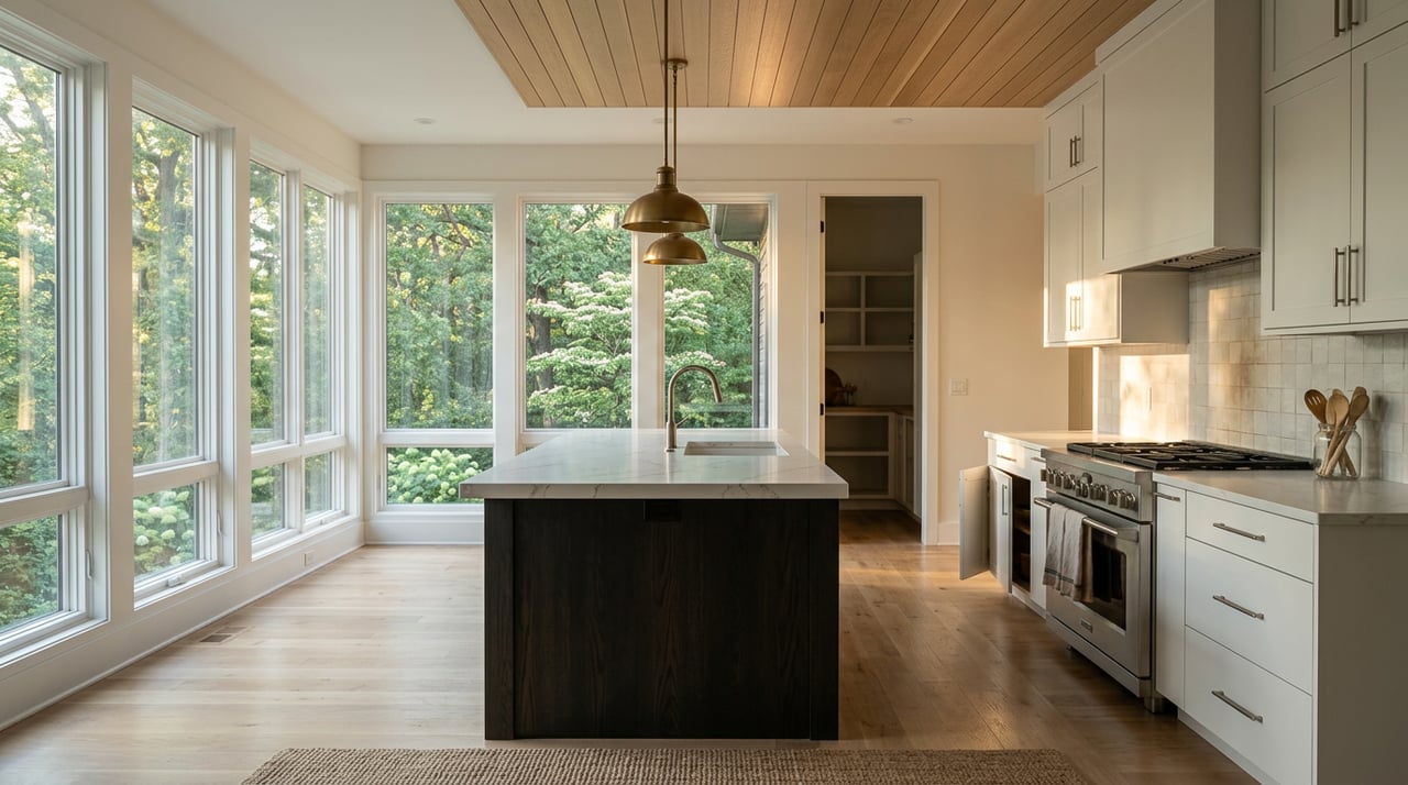 Renovated open kitchen with a charcoal oak island, waterfall quartz counter, brass pendants, and wooded views through tall windows.