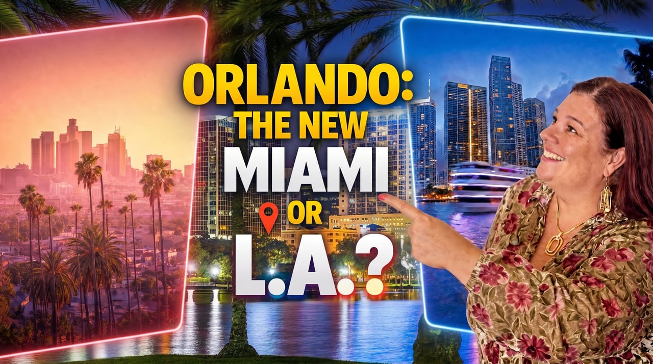 Video thumbnail asking whether Orlando is the new Miami or Los Angeles, with city skylines and a woman pointing.