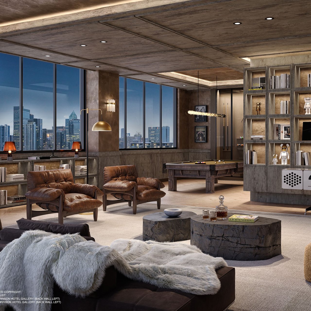 High-rise lounge with leather armchairs, a pool table, and city views through floor-to-ceiling windows.