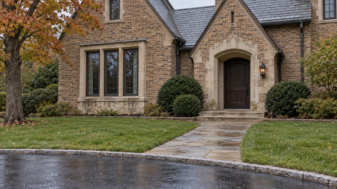 A slate-gabled brick estate entrance with limestone trim, a broad sandstone approach, and autumn sugar maple foliage beyond a rain-darkened drive.