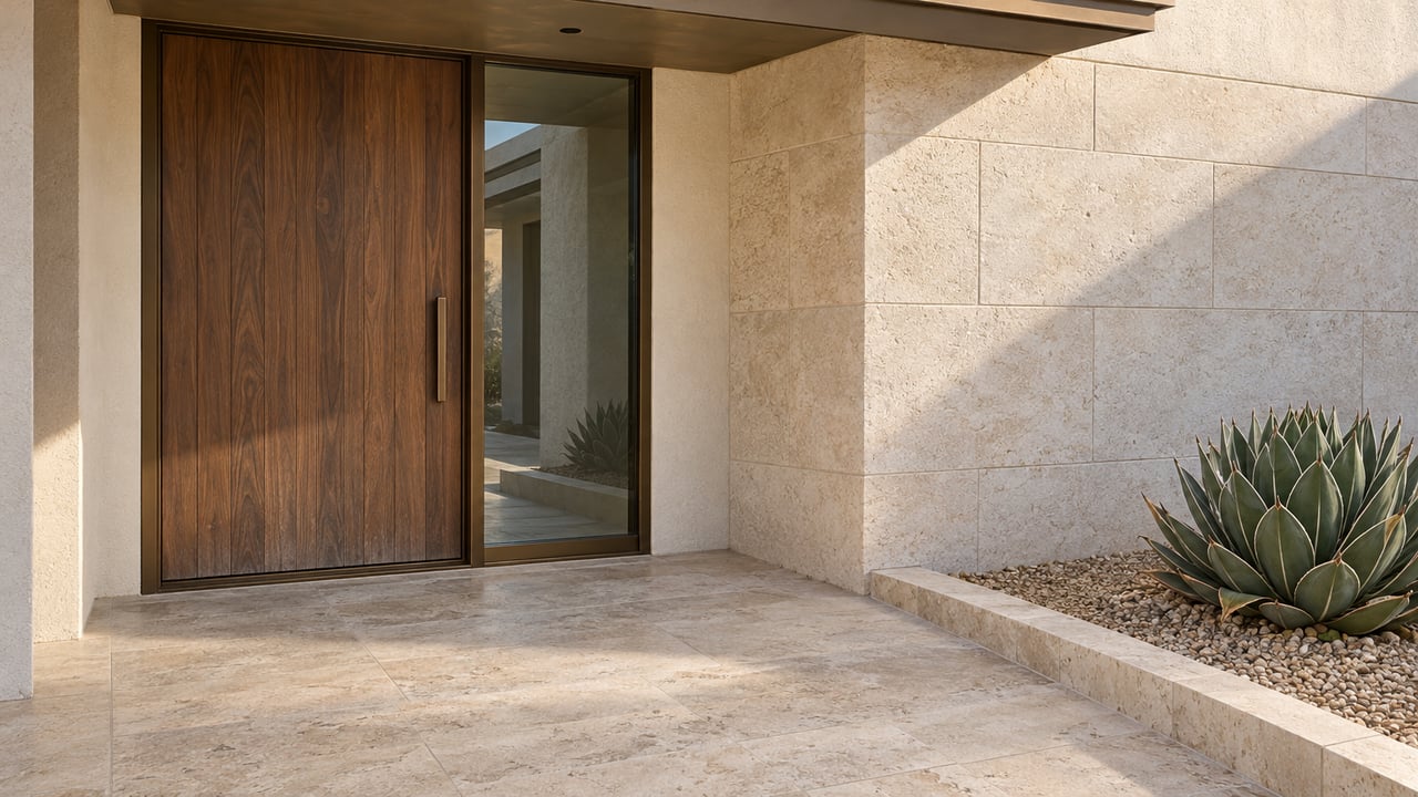 A recessed wood-and-glass home entrance with pale limestone paving, warm stucco and a single sculptural agave in a bordered gravel bed.