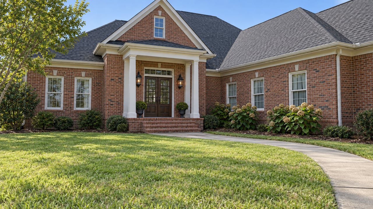 Traditional red brick home with a white entry portico, dark shingle roof and deep sunlit front lawn.