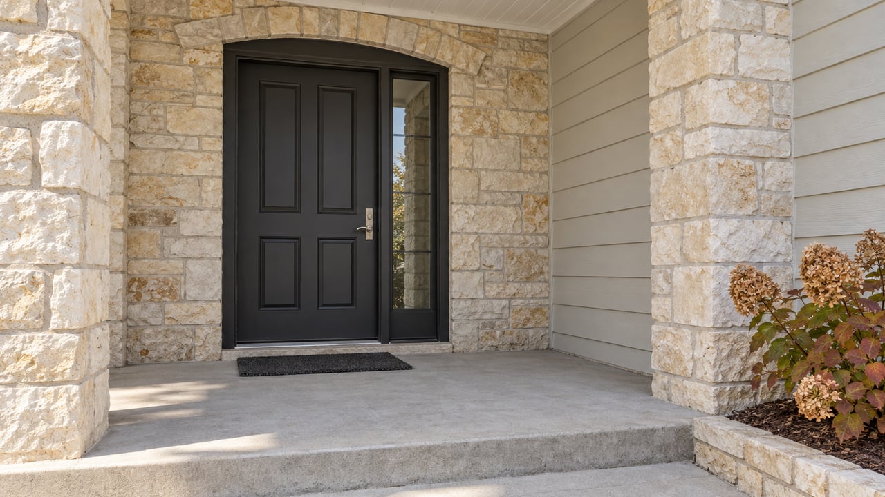 Covered home entry with a dark door, cream limestone arch, pale siding, and autumn oakleaf hydrangea beside a concrete landing.