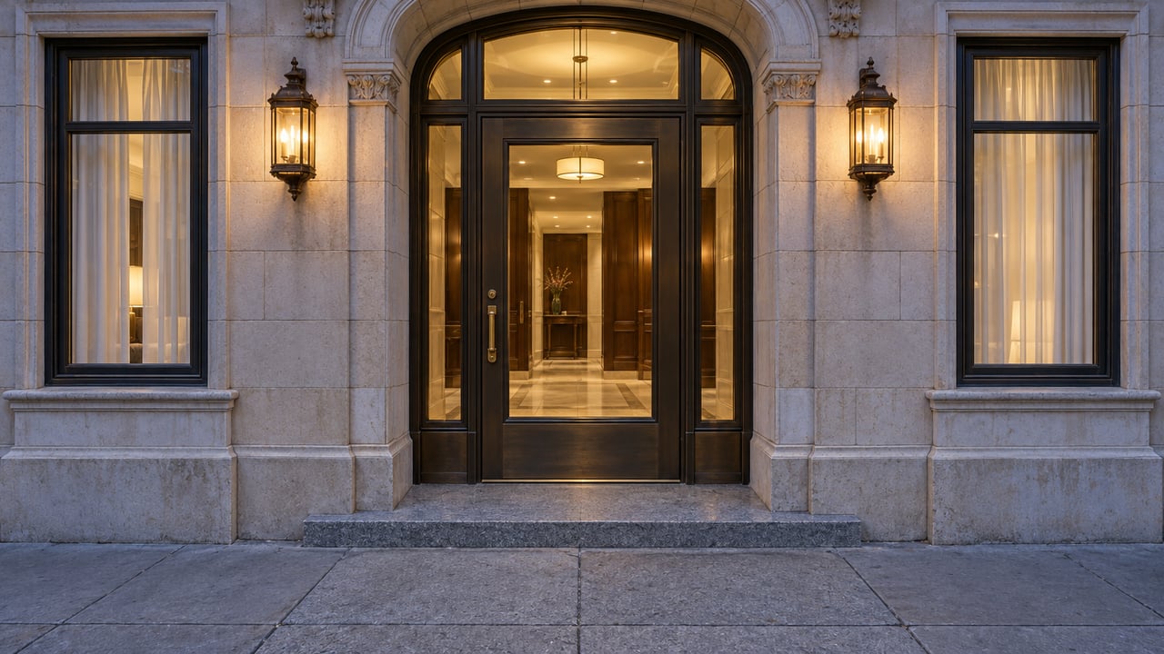 Blue-hour view of a limestone apartment entrance with a bronze glazed door, tall flanking windows and warm lanterns.