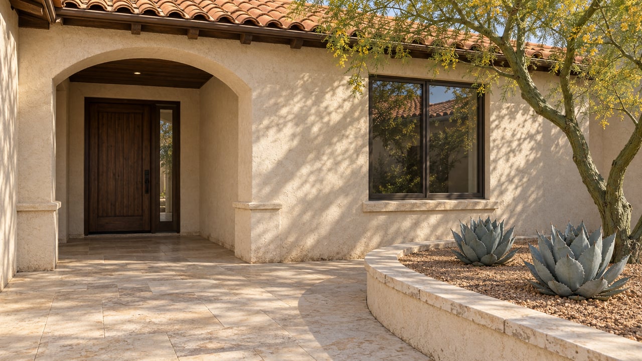 Cream stucco home with a terracotta roof, shaded arched entry, limestone approach and sculptural desert planting.
