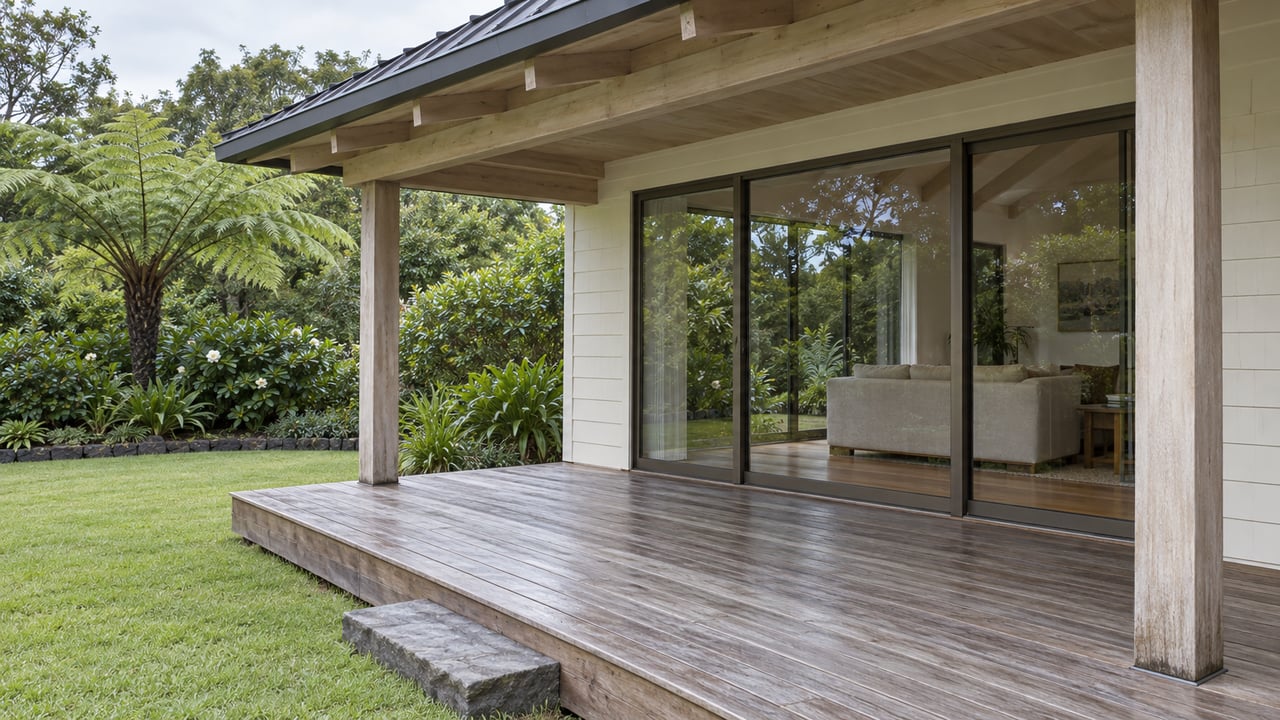 Modern home with a covered wooden deck overlooking a lush tropical garden.