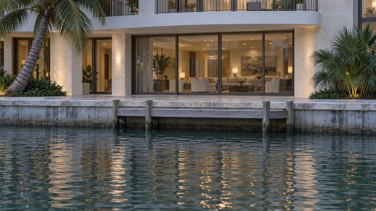 Waterfront home across a canal, with a timber landing, softly lit glass doors, and a curved balcony.