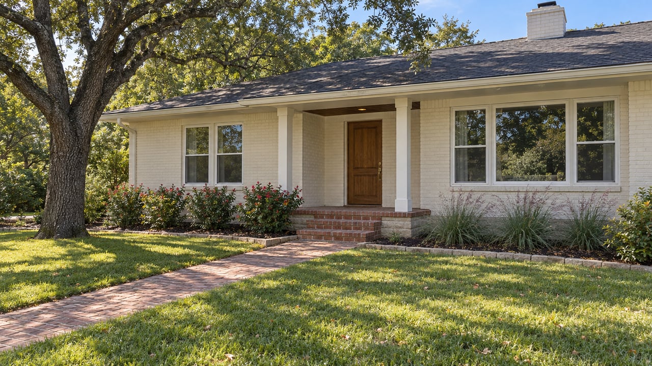 Cream-painted brick home with a shaded porch, a diagonal brick walk, and a mature spreading oak above an established front garden.