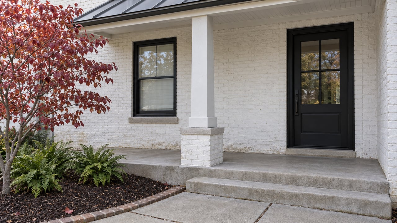 White-painted brick home with a covered porch, black glazed front door, concrete steps and a dogwood with burgundy autumn leaves.
