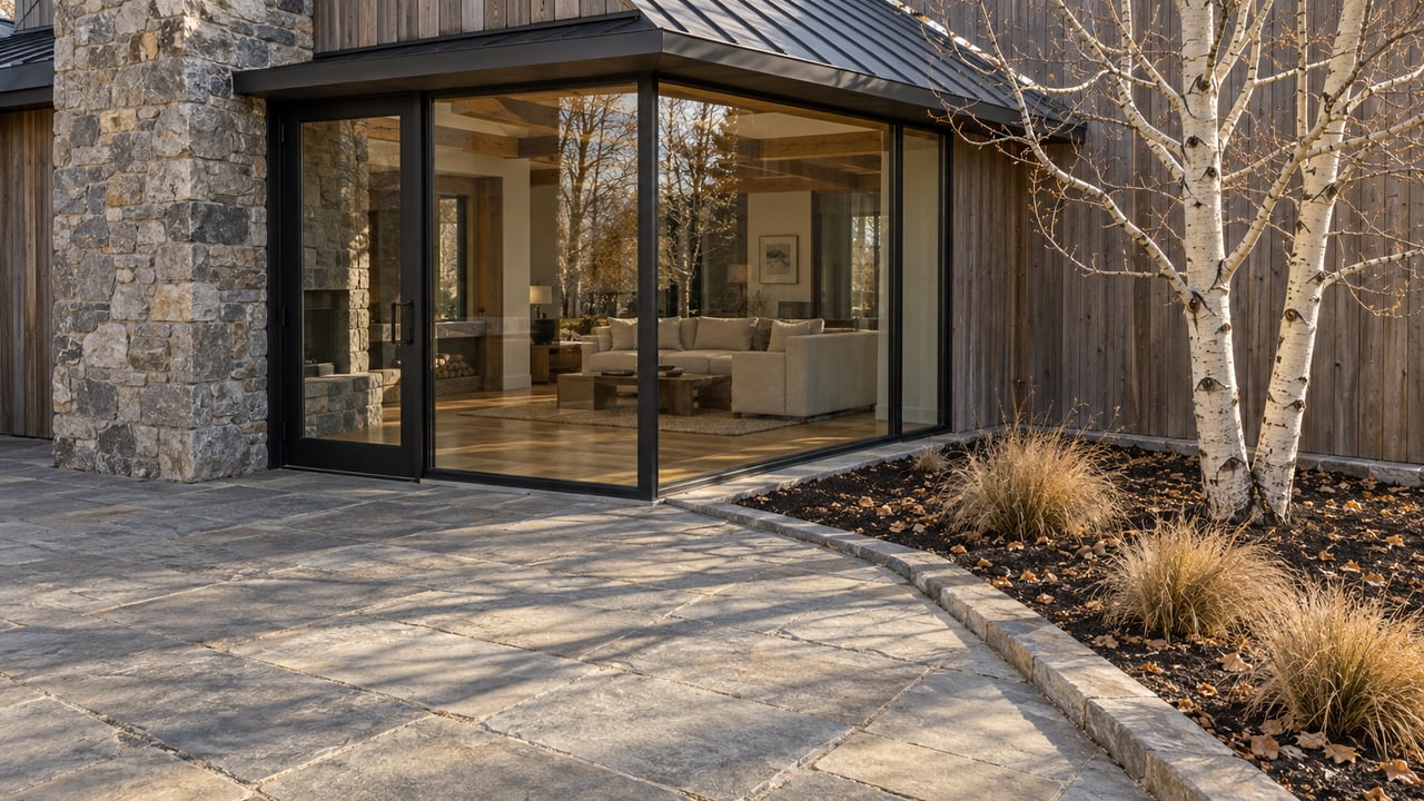 Late-autumn terrace beside a timber home, with quartzite paving, enclosed corner glazing, and a bare white-barked aspen.